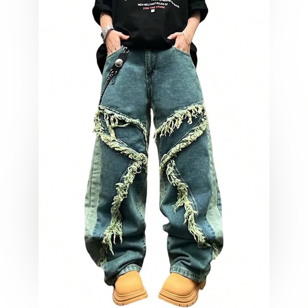 Y2K Baggy Skater Jeans Hip Hop Wide Leg Fringe Patchwork Denim XS (Fits S)‎ New